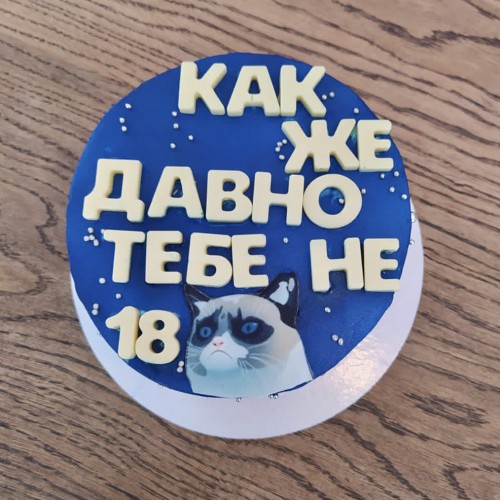 Бенто торт #1963 с шоколадными буквами и картинкой грустного котика 700 г, синий