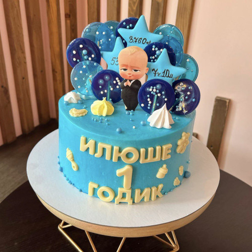 Торт на годик #2204 с картинкой босс и леденцами, голубой