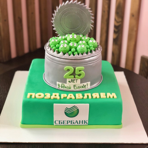 Торт для организации #945 с фигурками и логотипом, мастика зеленый